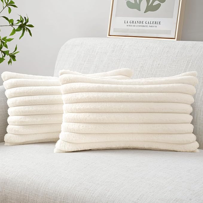 MIULEE Faux Fur Lumbar Decorative Throw Pillow Covers 12x20 Set of 2 Beige | Cream White Modern Soft Plush Couch Pillows, Cozy Fluffy Cushion Covers for Sofa Bed Living Room Home Decor
