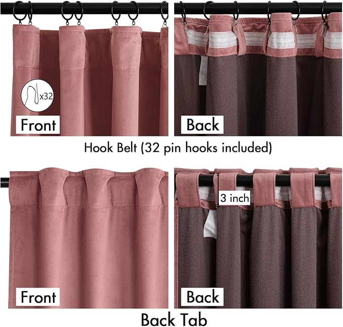 MIULEE Velvet Curtains 50W x 90L 2 Panels Dusty Rose Blackout Curtains | Luxury velvet fabric, pinch pleat design, back tab hooks, thermal insulated, blackout light blocking, for living room bedroom