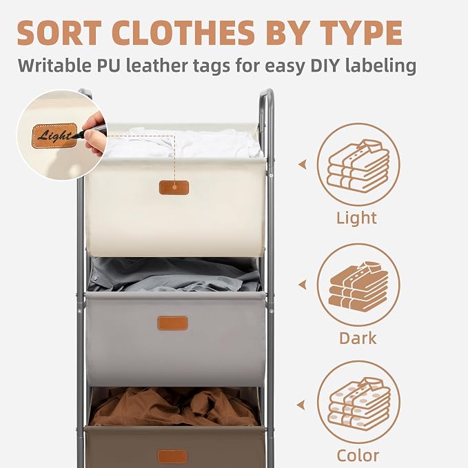STORAGE MANIAC 120 Liters Vertical Rolling Laundry Hamper, 3 Section Laundry Sorter with Wheels and 2 Breaks, 3-tier Laundry Baskets for Small Space, Dorm, Laundry Room, Closet, Multicolored 3-tier