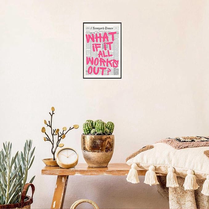 Drimiler Retro Newspaper Pink Font Poster What If It All Works Out Canvas Wall Art Positive Affirming Quote Minimalist Prints Painting For Home Bedroom Dorm Wall Decor 24x36in Framed