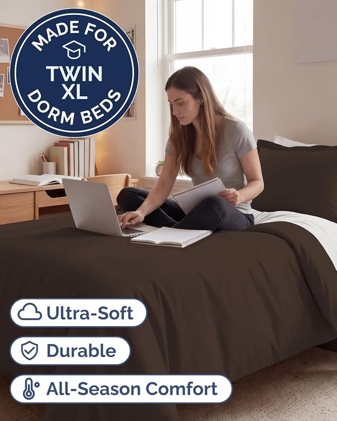 Duvet Cover Twin/Twin XL Size - 2 Piece with Zipper Closure - Brown | Extra Soft, Breathable, Twin/Twin XL Duvet Cover 68" x 90" w/ 1 Pillow Sham, Zipper Closures & Ties, Women, Men, Kids & Teens