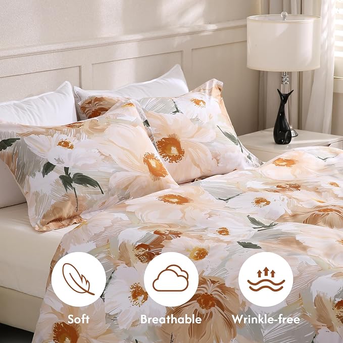 LONAVA King Flower 3 Pcs Duvet Cover Set, Breathable Soft Microfiber Biege Lining Comforter Cover with Zipper Closure, and 2 Anti-Pilling, Fade Resistant Pillowcases, Golden Flower