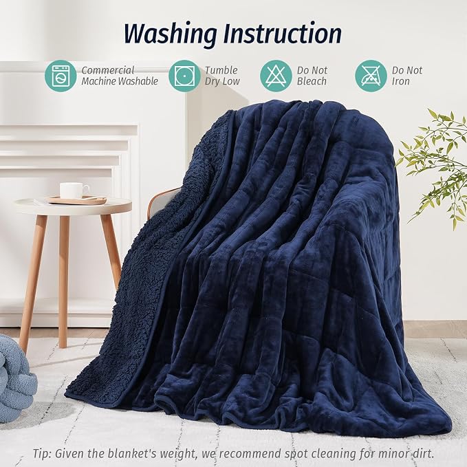 Sherpa Weighted Blanket for Adult 20 lbs Queen 60"x80" Navy Blue | Deep Pressure Wraps, Relax Body & Mind, Better Sleep, Dual Sided Cozy Heavy Blanket, Soft Plush Flannel Top, Ideal Gift