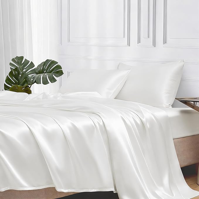 MR&HM Satin Sheets Twin Size with Elastic Corner Straps, Ivory | Similar to Silk, 3-Piece Silky Soft Bed Sheet Set, Gentle on Skin and Hair, 15" Deep Pocket, Cooling & Breathable