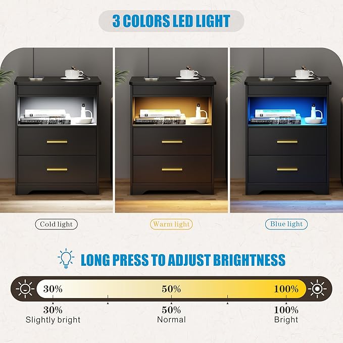 FREDEES LED Nightstand with Gun Drawer & Charging Station | 3-Color Lights & Human Body Sensor, Smart USB Type-c, 2 Drawers Hidden Storage, End Table Bedroom Livingroom