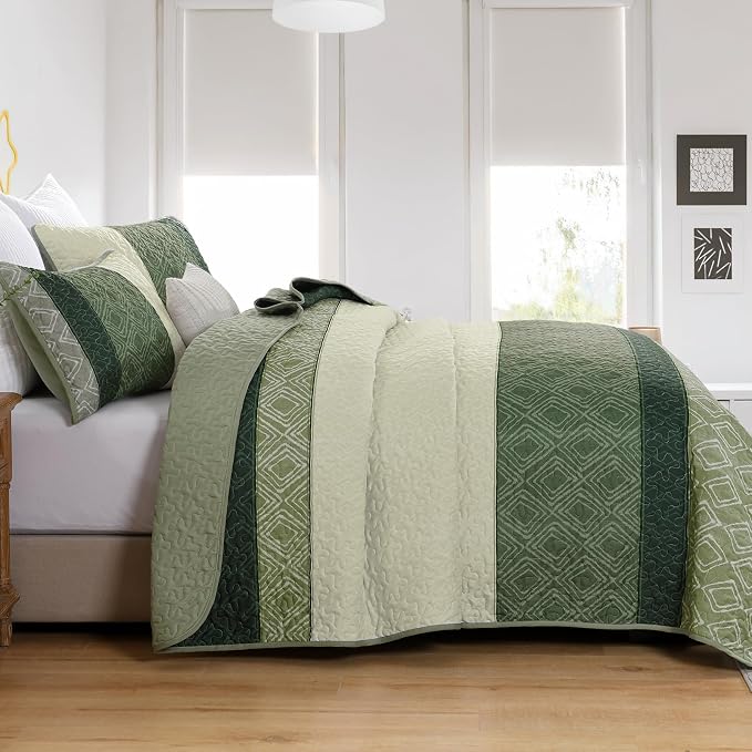 Cottolester Sage Green Quilt Set Queen,3 Pcs Summer Striped Bedspread Set | Lightweight Summer Fresh Green Patchwork Coverlets Set with 2 Pillowshams,Soft Microfiber Quilt Bedding Sets 110"x90"