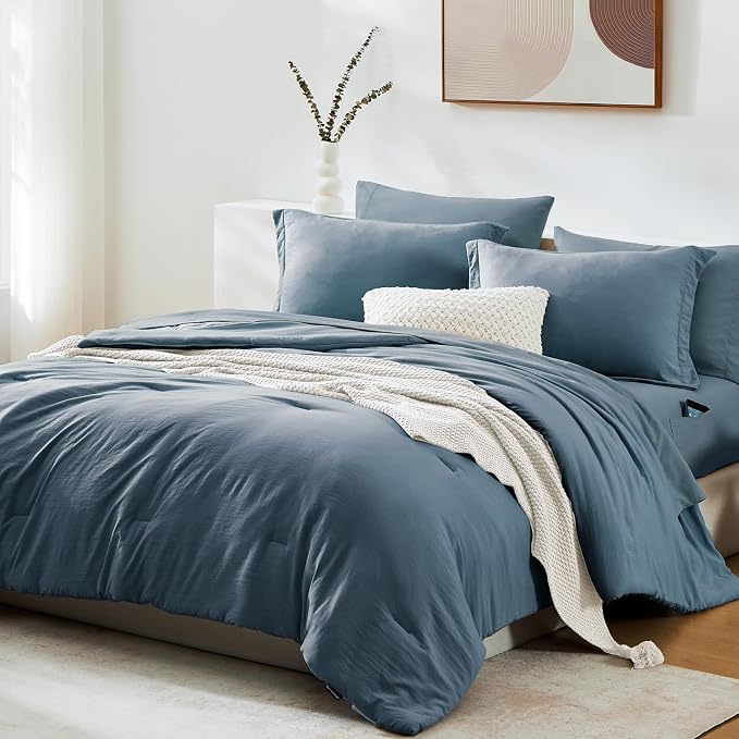 Queen Comforter Set-7 Pieces Soft Prewashed Bed in a Bag Queen Bedding Sets | All Season Comforter with Sheets, Pillow Shams & Pillowcases,Oxford Blue
