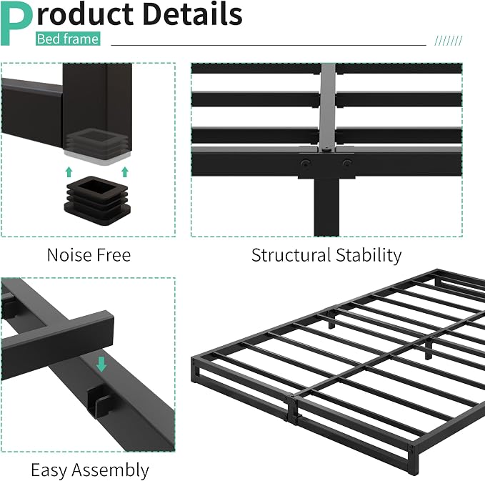 Lutown-Teen 4 Inch Bed Frame Queen Size with Heavy Duty Steel Slat Support | Metal Platform Queen Bed Frame No Box Spring Needed, Easy Assembly, Black