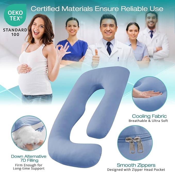 Sasttie Cooling Pregnancy Pillows for Sleeping, 57'' Full Body Pillow, Blue | Sasttie Maternity Pillow, OEKO-TEX, Down Alternative, Removable Cover, Pregnant Women Must Haves, Maternity Essential