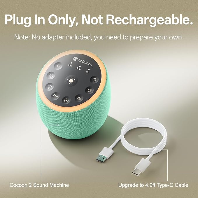 Hotmoon Sound Machine for Sleep, Cocoon 2, 40 Sounds, Dual-Speaker, Plug in | White Green Pink Brown Noise Machine for Sleeping Adults Office Privacy Baby Dogs, 4 Timers, 8 Night Light, Rain Noise Maker