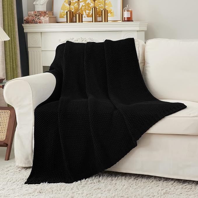 Chunky Cable Knit Throw Blanket Lightweight Black 100% Organic Cotton Blanket for Sofa Couch Bed Baby Nursery, Rustic Shabby Chic Modern Farmhouse, 60” x 80” Give Laundering Bag