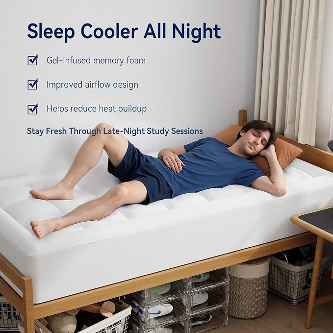 ELEMUSE Twin XL College Dorm Essentials 3 Inch Memory Foam Mattress Topper | Dual Layer Design, 2 Inch Cooling Gel Foam and 1 Inch Soft Pillow Top Bed Pad, Back to School, Comfortable Support