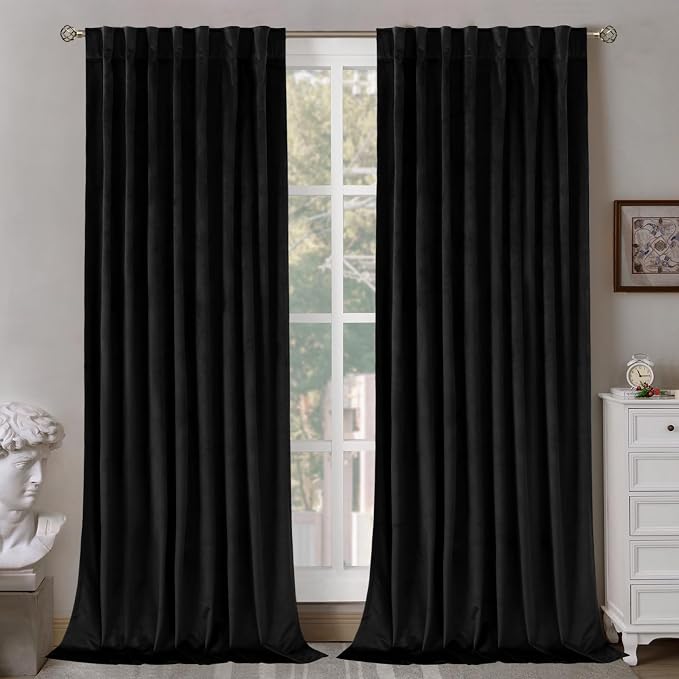 BGment Black Velvet Blackout Living Room Curtains 84 Inches Long, 2 Panels | Thermal Insulated, Noise Reducing, Energy Saving, Halloween, Luxury Panels for Bedroom, Back Tab Rod Pocket, 60 x 84 Inch