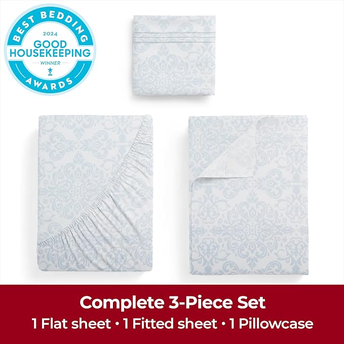 Mellanni Iconic 3-Piece, Ultra Soft Sheet Set (Twin XL, Laced Sky Blue) | 10M+ Sleepers. Lab-tested: Sleeps Cool, Stays Bright, Strong, Smooth. Good Housekeeping Best Bedding, 7 yrs running.