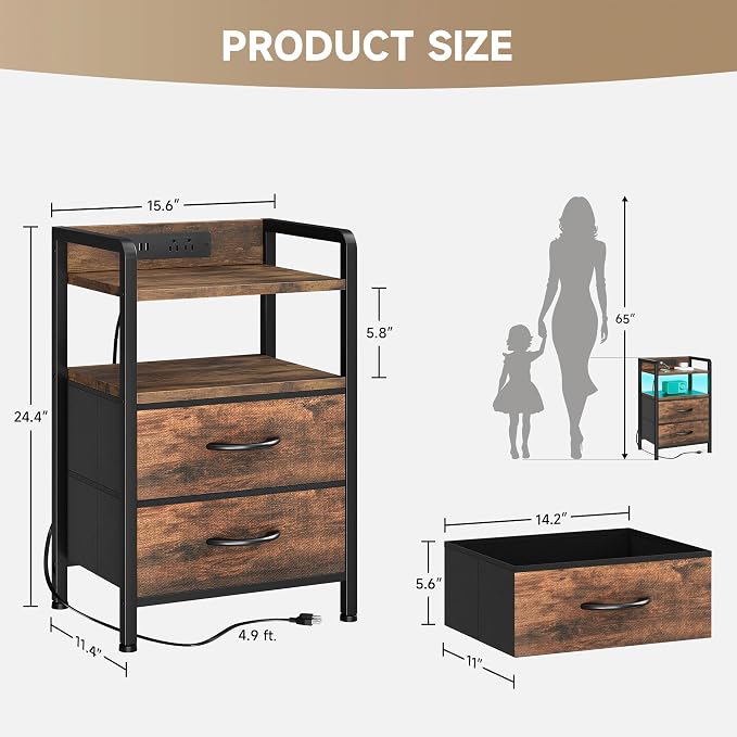 Lazzanto Nightstand with Rear Charging Station, LED Light, 2 Drawers, Brown | Industrial Nightstand, 2 USB-A Ports & AC Outlets, Raised Back Guard, Fabric Storage Drawers, Bedside Table for Bedroom, Dorm