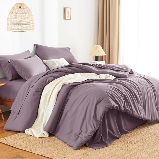HIMEET King Comforter Set, 7-Piece Point-Quilted Bed in a Bag, Dusty Purple | OEKO-TEX Certified, Lightweight 240 GSM Comforter, Flat Sheet, 14-Inch Deep-Pocket Fitted Sheet, Pillowcases & Shams