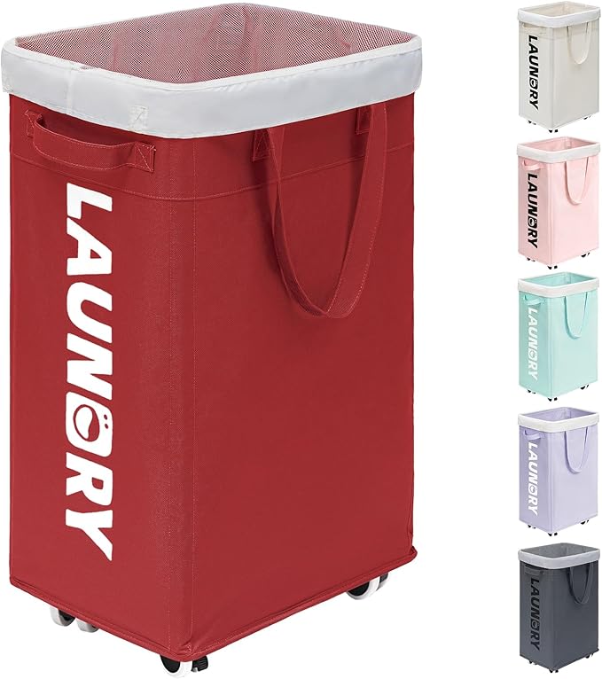 Goodpick 75L Collapsible Laundry Baskets with Wheels and Removable Wash Bag | Rolling Laundry Hamper with Handle for College Dorm and Laundry Room, Laundry Hamper on Wheels, Red