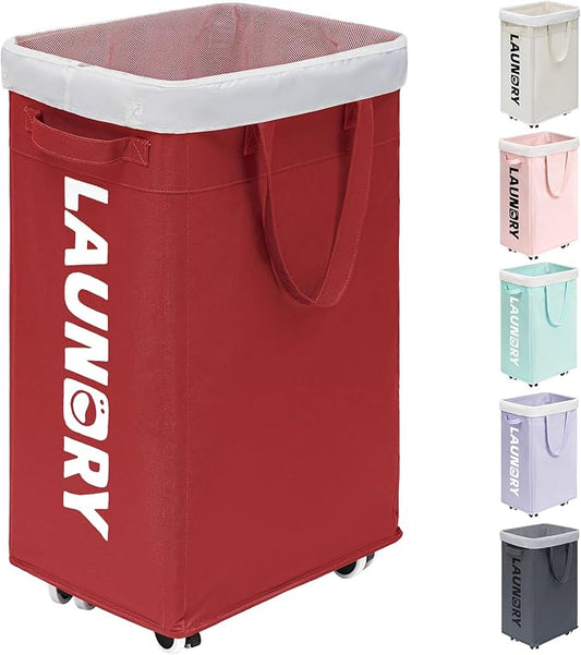 Goodpick 75L Collapsible Laundry Baskets with Wheels and Removable Wash Bag | Rolling Laundry Hamper with Handle for College Dorm and Laundry Room, Laundry Hamper on Wheels, Red