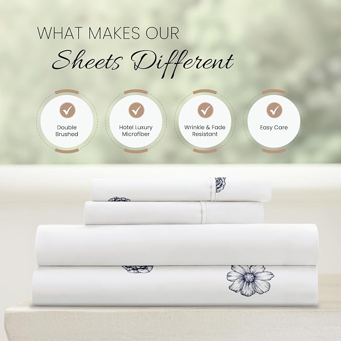 Linen Market Patterned Microfiber Full Sheet Set 4 Piece – Oeko-TEX Certified Ultra Soft & Wrinkle-Free - 16" Deep Pocket Sheets - Easy Care Full Size - Indigo Flowers Navy