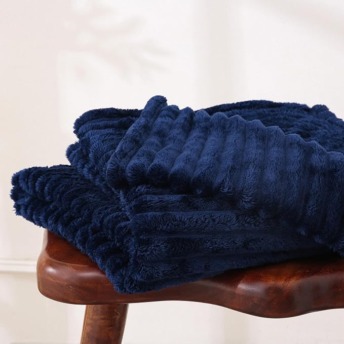Navy Blue Fleece Throw Blanket 60”×80” for Couch Sofa Livingroom | Super Soft Cozy Plush Microfiber Flannel Bed Blanket Striped Design Lightweight Home Decor Gifts for Adults Mom Women