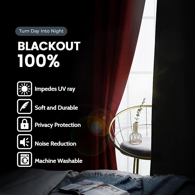 SimpleHome Burgundy Red 100% Blackout Curtains Room Darken Living Room 72 | Curtains for Bedroom,Thermal Insulated Grommet Window Drapes,Curtains for Living Room with Black Back,52 x 72 Inch,2 Panels