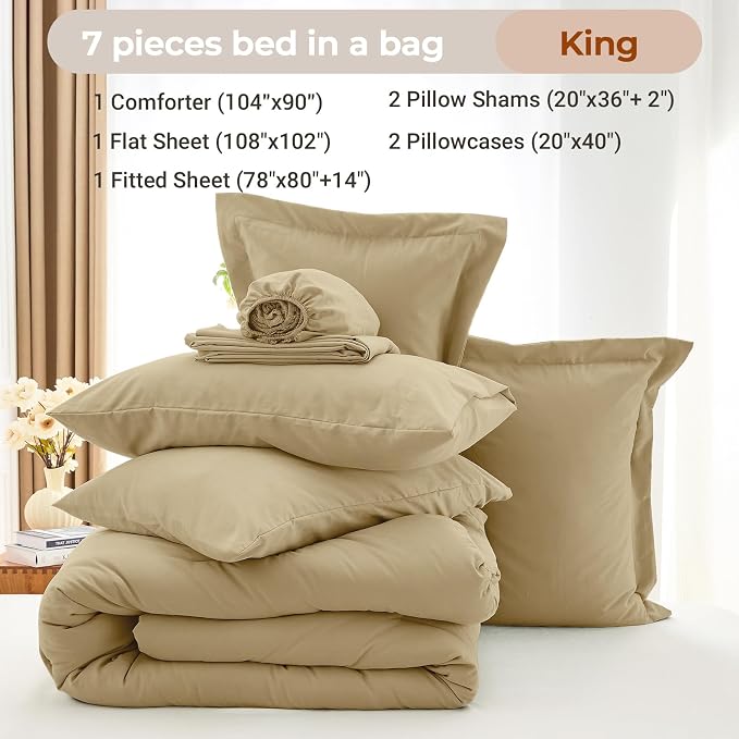 7 Pieces King Comforter Set, Soft Bed in a Bag King Size, All Season Bedding Set with Comforter, Flat Sheet, Fitted Sheet, Pillowcases & Shams, Khaki