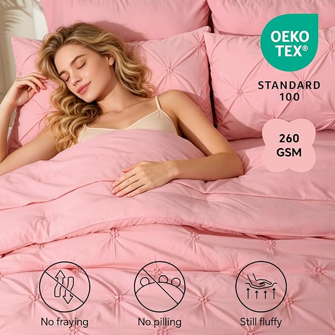 BEDELITE Queen Comforter Set Pink,Lightweight & Soft Comforter | 7 Pc Boho Bed in a Bag,Warm & Cute Bed Set for All Season,Includes Comforter,Flat & Fitted Sheets,2 Pillowcases & 2 Shams