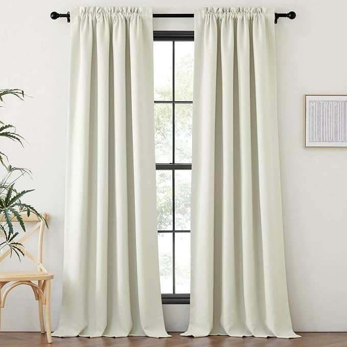 NICETOWN Room Darkening Bedroom Curtains 96 inches Long, Dual Rod Pockets & Hook Belt Light Blocking Noise Canceling Window Treatments for Living Room/Nursery, Natural, W52 x L96, 2 Panels