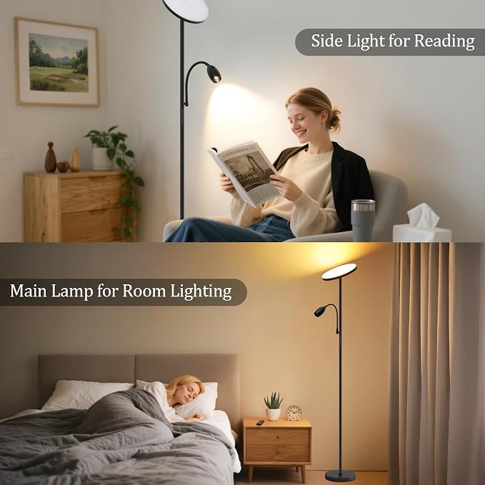 Reading Floor Lamp, 72" Tall LED Lamp with Flexible Gooseneck, Dimmable Zoomable Spotlight, Adjustable Color Beam Torchiere Lamp, Touch & Remote Control, Task Craft Bedroom Living Room, Matte Black | Adjustable Color Beam Standing Lamp, 10W, Touch & Re...