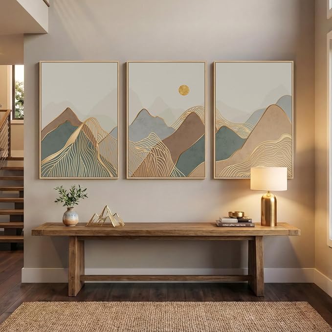 Large Framed Boho Modern Mountain Wall Art for Living Room, 3 Piece, 24x36 | Neutral, Landscape, Nature inspired, Minimalist, Bedroom decor, Home office, Hallway, Rustic, Earth tone, Canvas artwork