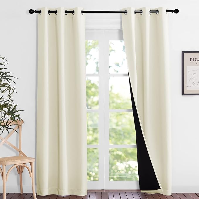 NICETOWN Beige Blackout Curtains for Living Room 37" w x 84" L 2 Panels | Completely Shaded Draperies Ring Top Drapes Black Lined Insulated Window Treatment, Privacy Protection Noise Reducing Decor
