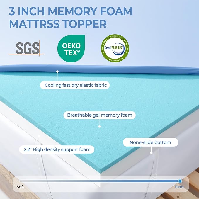 Ninemoon 3 Inch Memory Foam Mattress Topper with Cool Nylon-Spandex Cover | Twin Size High Density Cooling Gel Infused Foma Bed Topper Pressure Relief Firm Topper