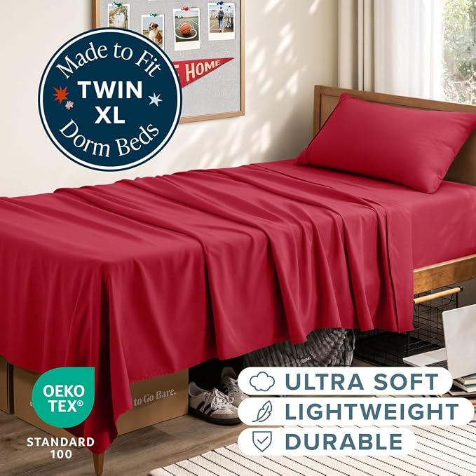 Bare Home Twin XL Sheet Set - 1800 Ultra-Soft (Twin XL, Red) | Deep Pockets 6 to 15 Inches, Breathable, Hypoallergenic, Hotel Luxury, Easy Fit, Soft, All-Season