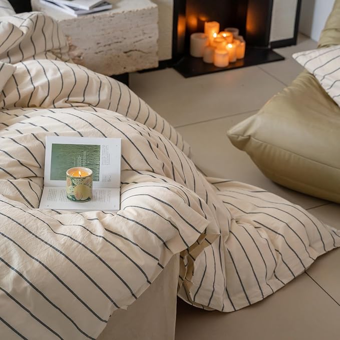 LifeTB Striped Comforter Set Full Size Grey Stripes Pattern Printed Comforter 3 Pieces Lightweight Boho Bedding Comforter Set for All Seasons Breathable Soft Fluffy Beige Comforter with 2 Pillowcases