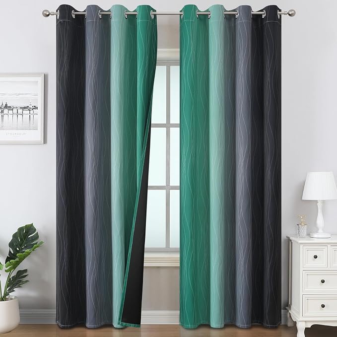 Black and Green Ombre Blackout Curtains 84 Inches Long | Gradient Curtains for Bedroom/Living Room,Thermal Insulated,Energy Saving,Light Blocking,Grommet Window Drapes,52x84,2 Panels