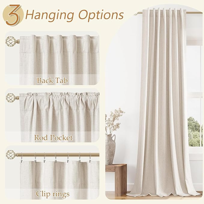 100% Blackout Curtains 45 Inch Length 2 Panels Set for Living Room Bedroom Back Tab Thermal Insulated Black Out Linen Drapes Room Darkening Window Curtains 45 Inches Long