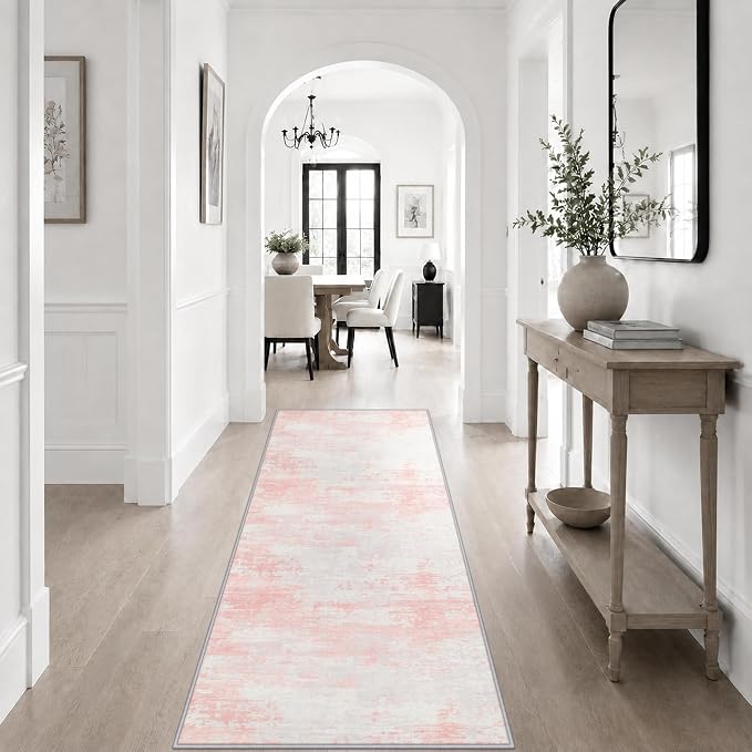 2x6 Washable Runner Rug：Modern Abstract Soft Carpet Pink White | For Hallway, Bedroom, Kitchen, Laundry, Bathroom,Door Mat,Modern Abstract,Machine washable,Non-Slip,Stain Resistant,Indoor