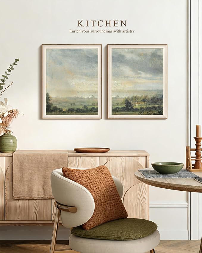 VIYYIEA Framed Vintage Landscape Wall Art Set of 2, Rustic Pastoral Countryside Canvas Painting Print, Moody Impressionist Decor for Living Room Bedroom, 16x20 Inch