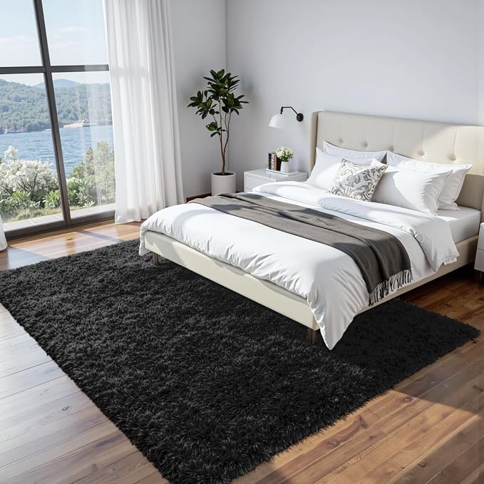 8x10 Fluffy Shag Area Rugs for Living Room Bedroom: Soft Plush Carpet Black | Upgraded Non-Slip Thick Memory Foam, Ultra Soft, Non-Shedding Fuzzy Carpet, Easy Clean Decor for Kids Room, Nursery, Playroom