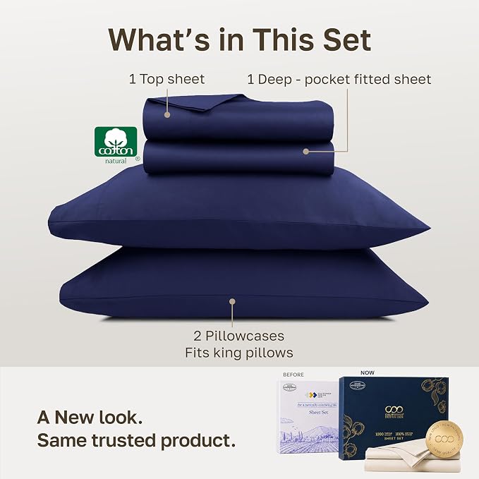 California Design Den Luxury 1000 Thread Count King Bed Sheets Set, 4 Pcs | Backed by Good Housekeeping Seal - 100% Cotton Sateen - Soft, Thick & Heavy, 16" Deep Pocket, Durable - Royal Navy Blue