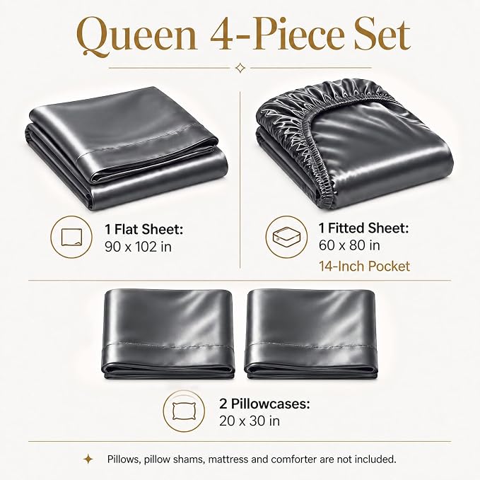 CozyLux Satin Sheets Queen, 4-Piece 14-Inch Deep Pocket Sheet Set | OEKO-TEX Certified Silky Soft Sheet Set for Hair & Skin, Luxurious Silky-Smooth Satin for Elegant Bedroom Decor, Dark Grey