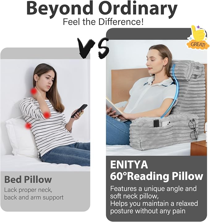ENITYA 22" XL Back Pillow for Bed Sitting Up with Armrests & Big Pockets | High Density Foam Filling,Washable Cover,Bed Pillow for Sitting Up/Resting/Post Surgery/Watching TV/Gaming,Light Grey