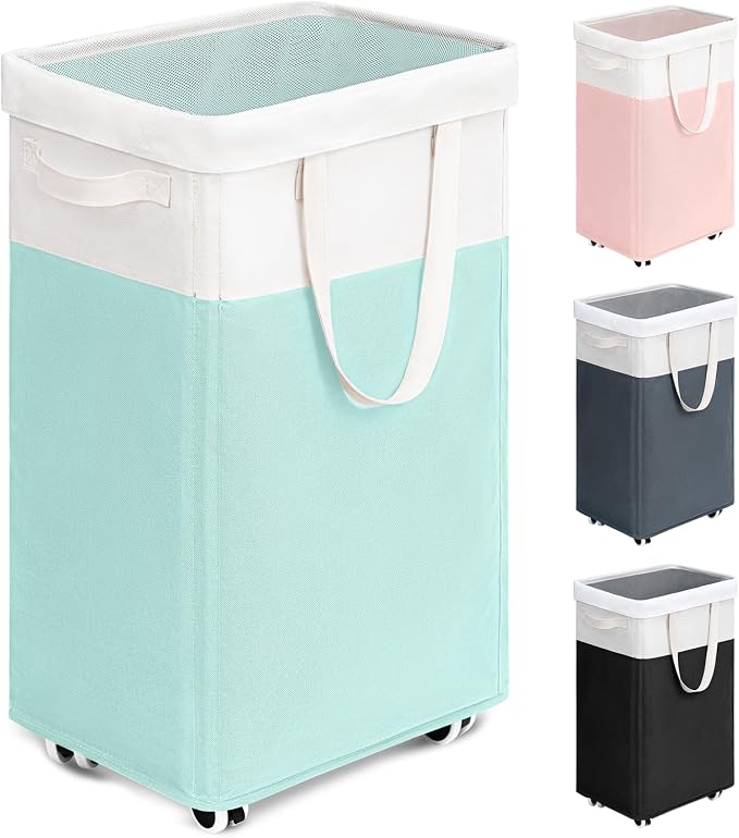 Goodpick Laundry Basket with Wheels, 75L Laundry Hamper with Wheels, Large Laundry Basket with Removable Wash Bag, Clothes Hamper for Laundry, Blue&White | Clothes Hamper with Removable Wash Bag for Laundry Room, Large Rolling Laundry Basket with Handl...