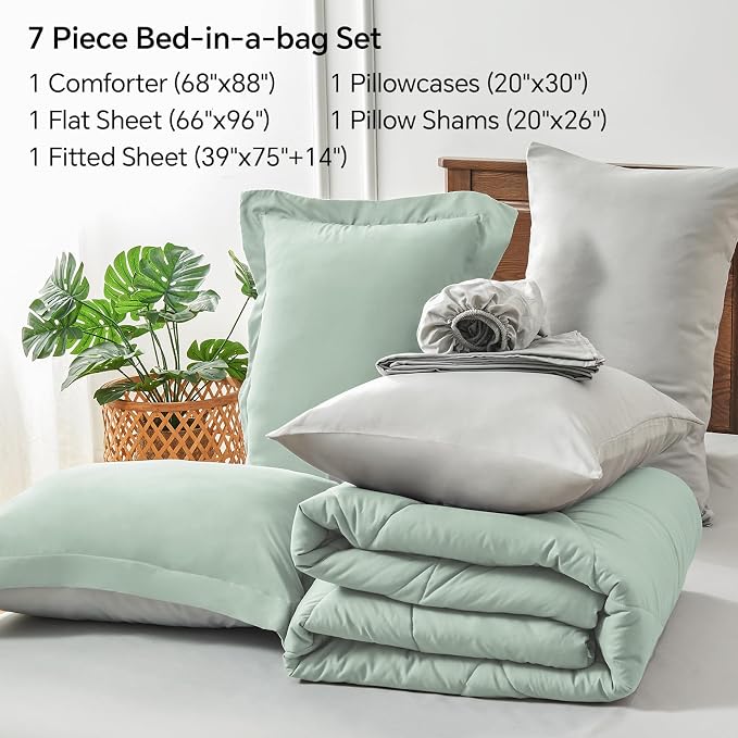 BEDELITE Twin Comforter Set 5 Pieces, Reversible Sage Green Bed in A Bag | Soft All Season Down-Alternative Comforter, Sheets, Pillowcases & Shams, OEKO-TEX Certified Bedding for Bedrrom, Guest Room