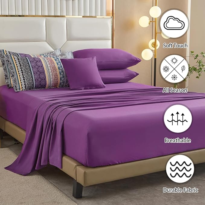 Boho Comforter Set California King Size,8 Piece Bed in a Bag Bohemian Striped Bedding Quilt Set,Purple Paisley Floral Comforter and Sheet Set,Soft Microfiber Complete Bedding Sets for All Season