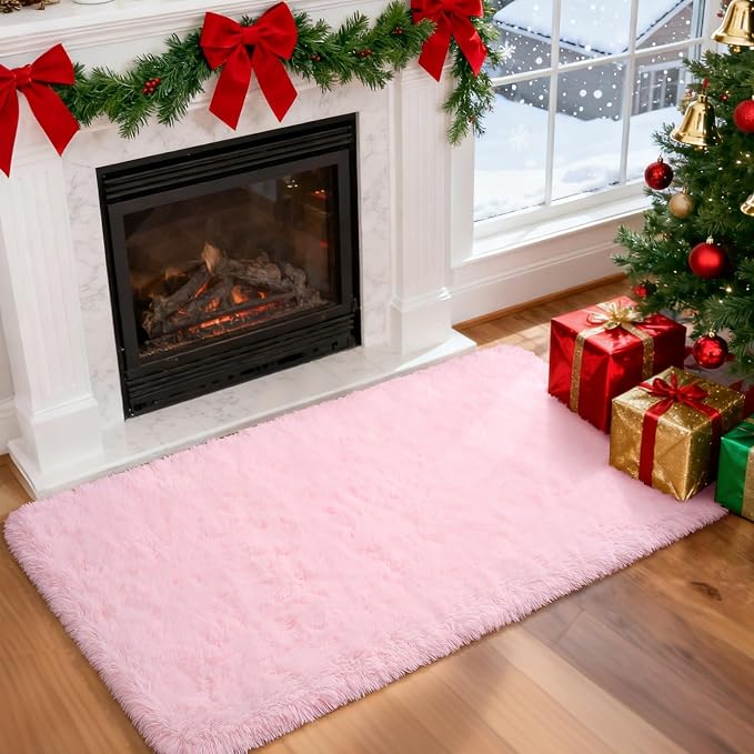 Soft Fluffy Rugs Pink Girls Bedroom Nursery Rug, 2x4 Small Shaggy Non-Slip Bedside Rug for Dorm Kids Room Carpet, Plush Furry Area Rugs Livingroom Accent Floor Indoor Holiday Decor