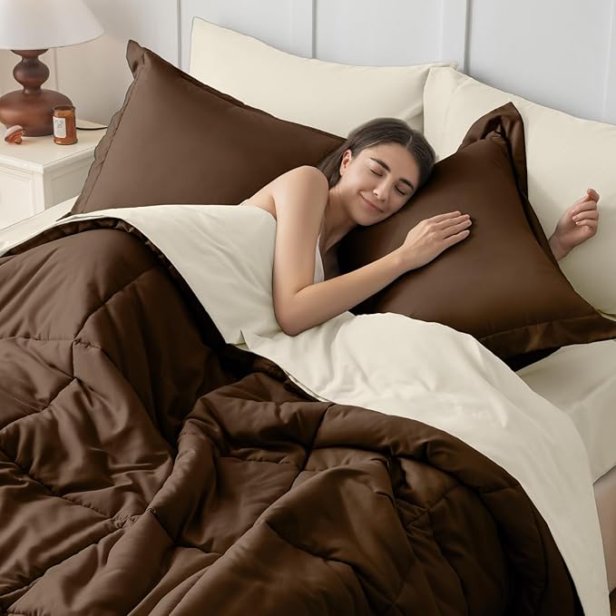 JOLLYVOGUE Oversized King Comforter Set, Ultra-Soft Bed in a Bag 7 Pieces, Oeko-TEX Certified Bedding Set with Down Alternative Comforter, Sheets, Pillowcases & Shams, Brown & Beige