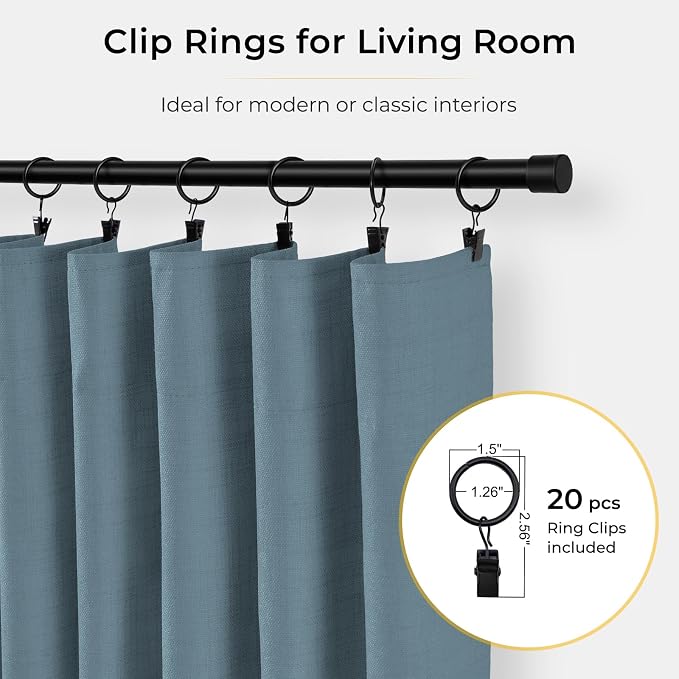 INOVADAY 100% Blackout Curtains for Bedroom Black Out Curtains 96 Inch Long | Stone Blue Living Room Curtains 2 Panels, Clip Rings Linen Look Blackout Drapes, Thermal Insulated Room Darkening,W50xL96