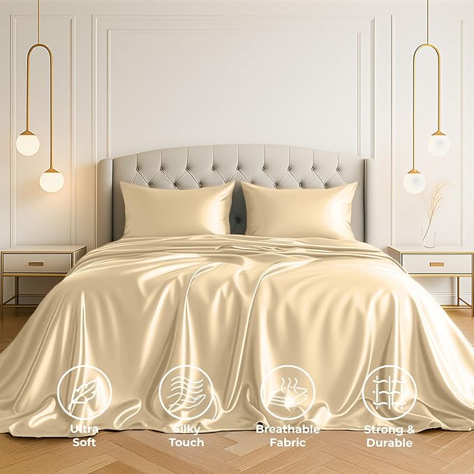 Satin Sheets Queen [4-Piece, Ivory] Hotel Luxury Silky Bed Sheets - Extra Soft 1800 Microfiber Sheet Set, Wrinkle, Fade, Stain Resistant - Deep Pocket Fitted Sheet, Flat Sheet, Pillow Cases