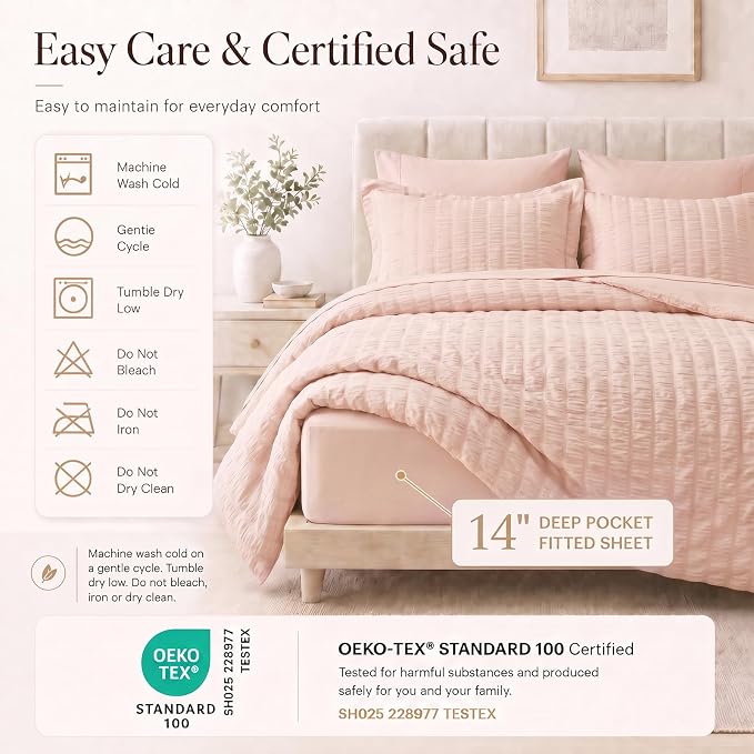 King Size Comforter Set 7 Pieces Blush Pink Seersucker Bed in a Bag | OEKO-TEX Certified, All Season Bedding Set with 240 GSM Down Alternative Comforter, Flat & Fitted Sheets, Pillowcases & Shams